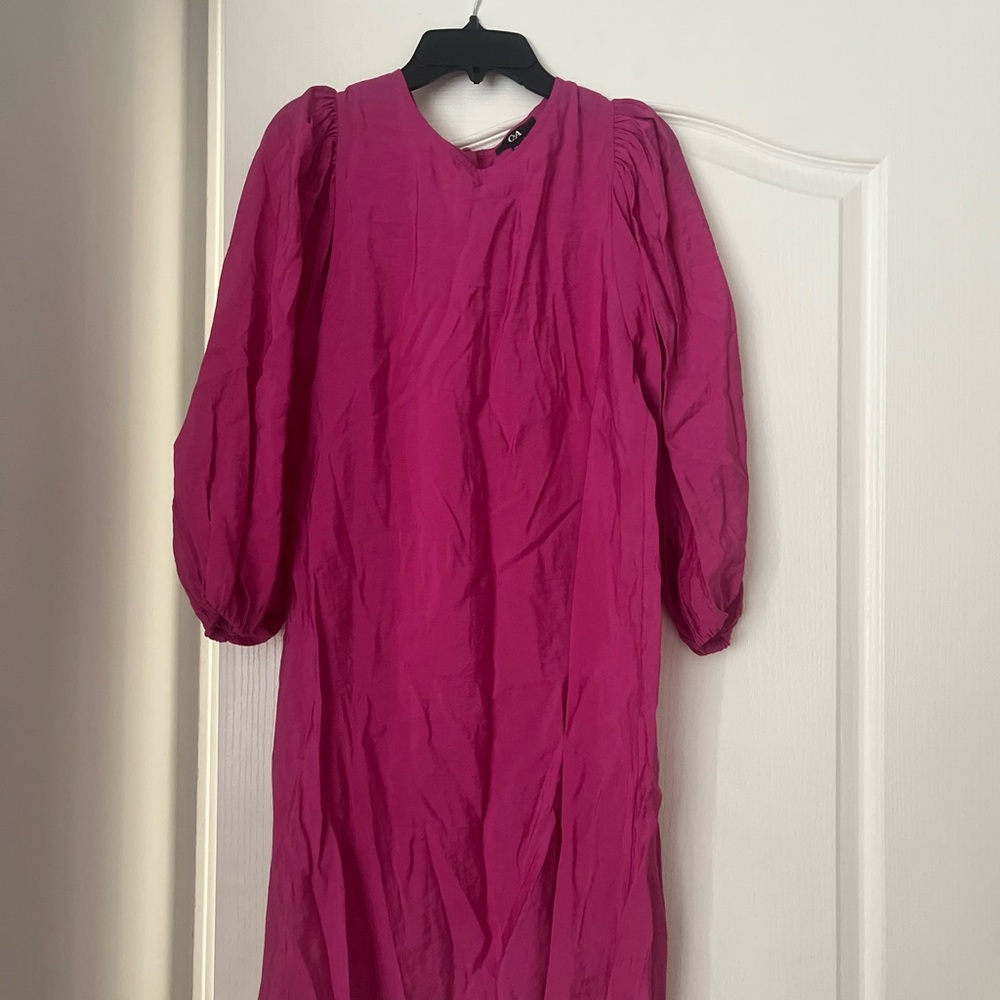 Fuchsia Long-Sleeve Puff-Sleeve Midi Dress